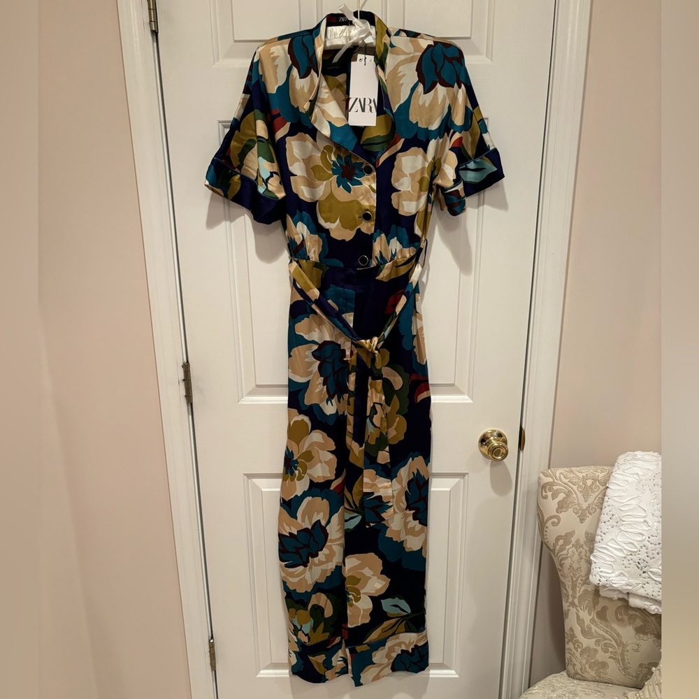 Zara Floral Jumpsuit in Navy, Teal, Mustard & Cream small - Picture 2 of 8